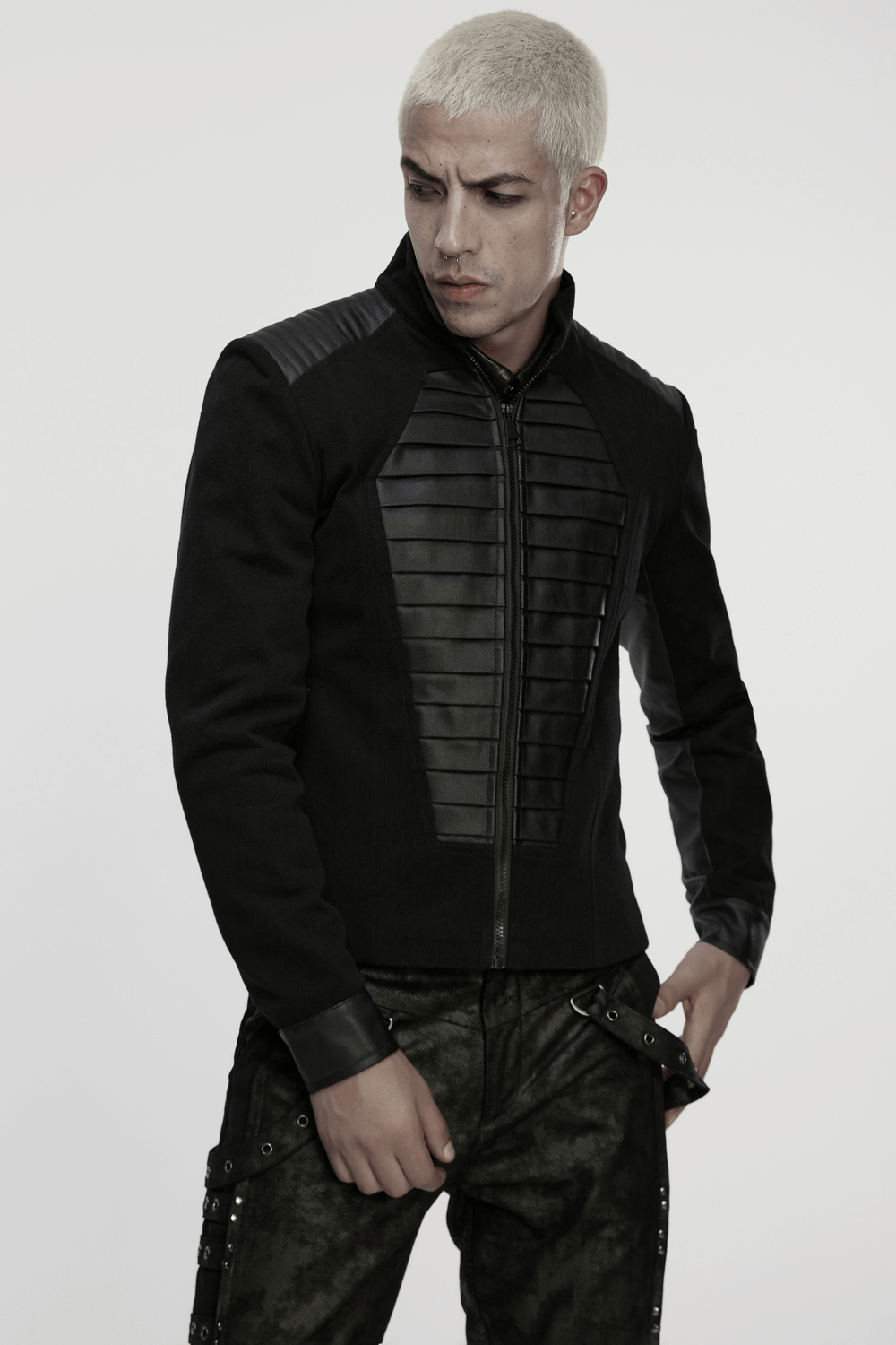 Gothic Punk Jacket with Coffin Panel and Leather Accents worn by a model, showcasing stylish edgy design.