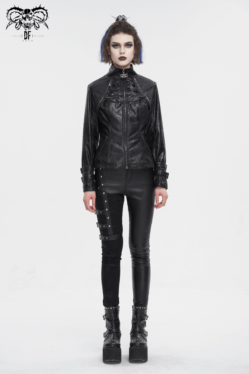Gothic punk jacket with double buckle sleeves and stand collar, worn by a model, showcasing edgy fashion.