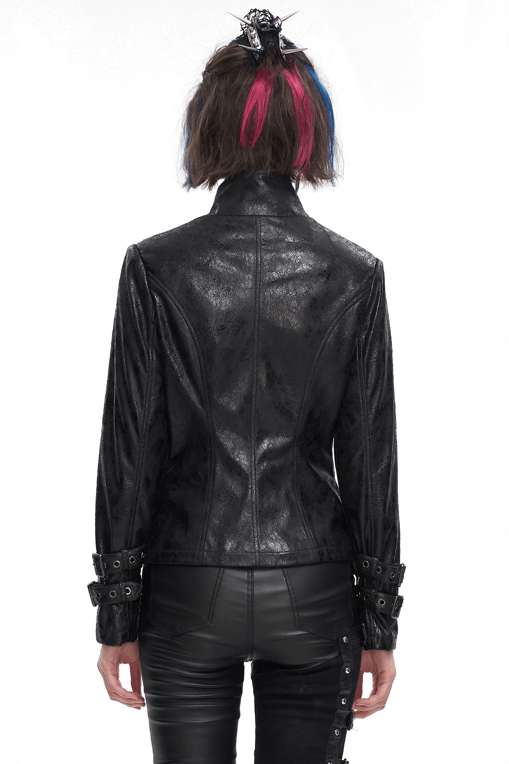 Back view of a women's gothic punk jacket with double buckles and stand collar, showcasing edgy style.