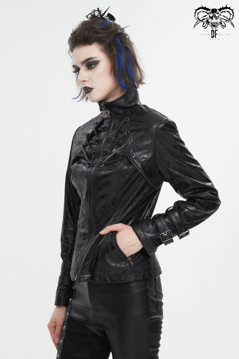 Gothic Punk Jacket with Double Buckle on Sleeves / Stand Collar Zipper Jackets - HARD'N'HEAVY