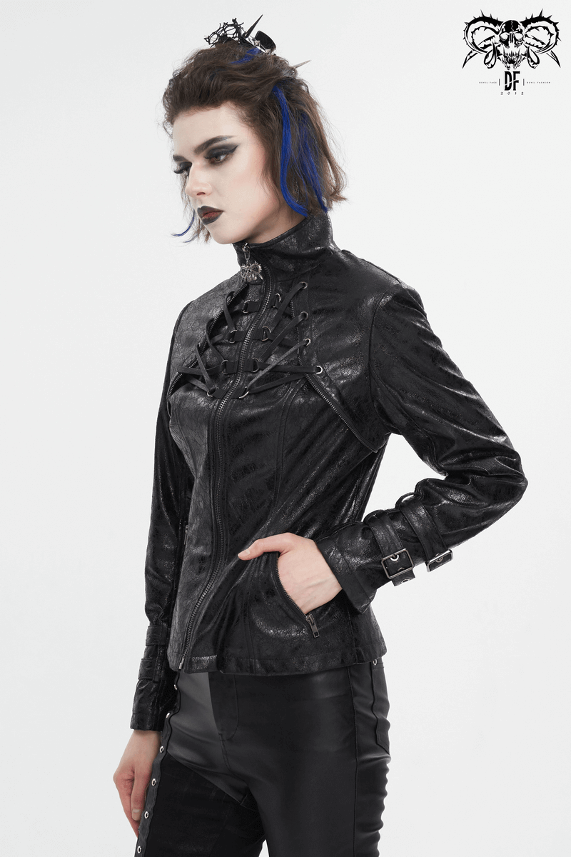 Gothic punk women's jacket with double buckles, stand collar, and zipper front, exuding edgy fashion.