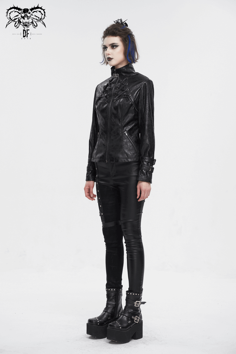 Gothic punk jacket with double buckles, stand collar, and edgy flair for fearless fashionistas.