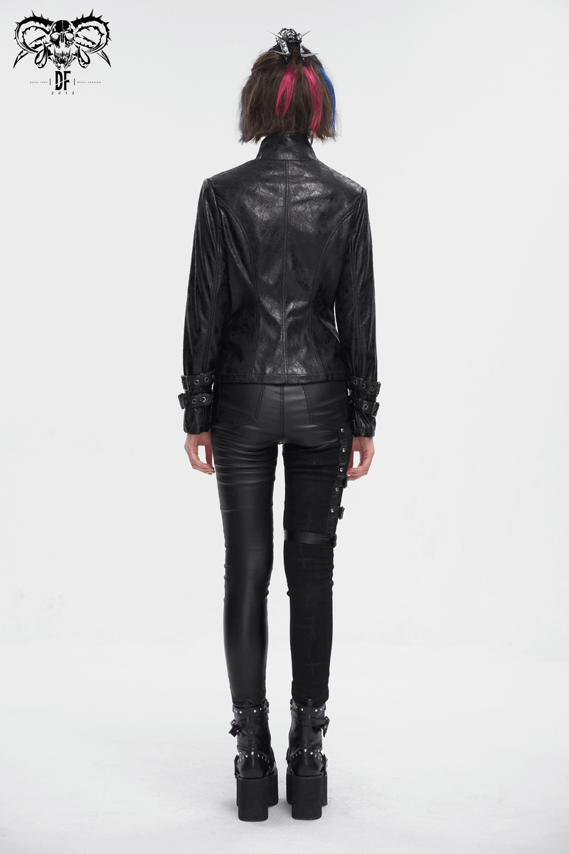 Back view of a woman in a gothic punk jacket with double buckles and black leather pants, showcasing edgy fashion.