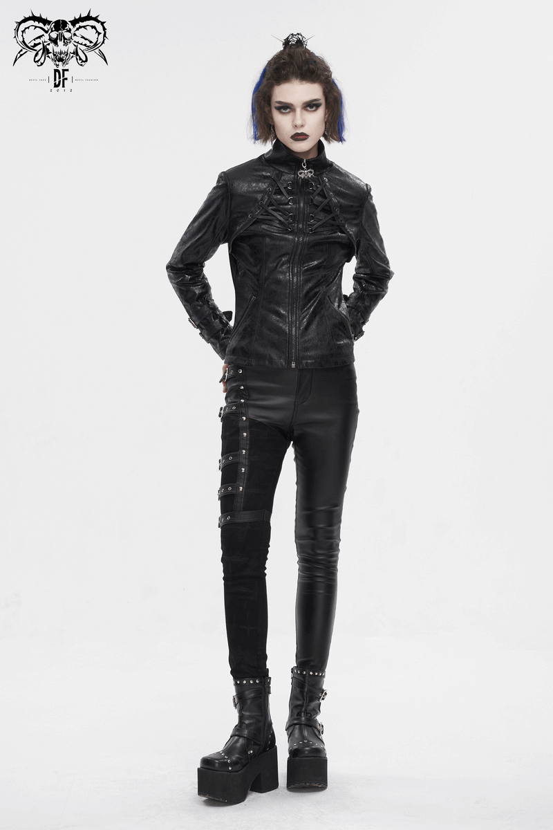 Edgy gothic punk jacket with double buckles, stand collar, worn by a model in dark leather leggings.