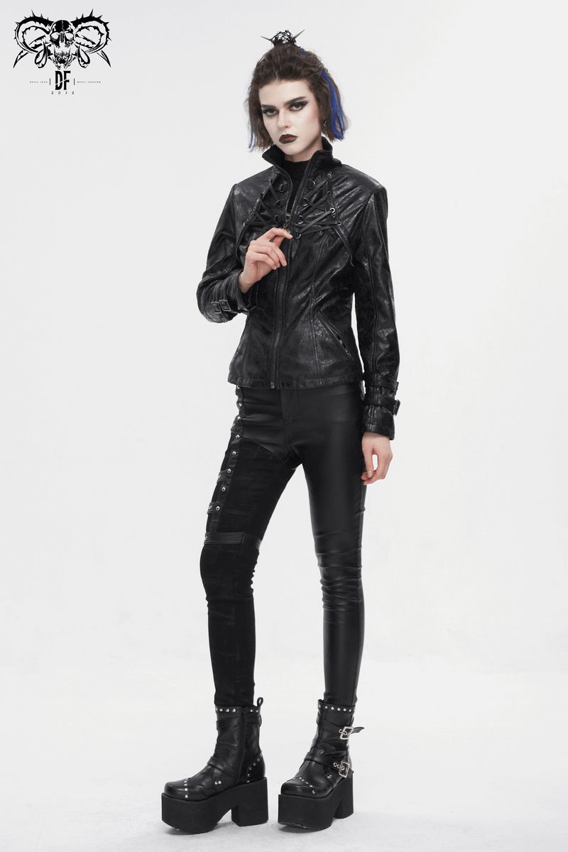 Gothic Punk Jacket with Double Buckle on Sleeves / Stand Collar Zipper Jackets - HARD'N'HEAVY