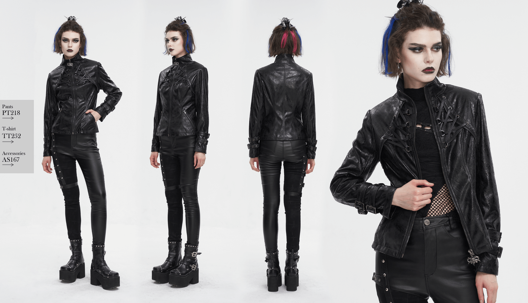 Gothic punk jacket featuring double buckles and stand collar, model showcasing edgy fashion style.