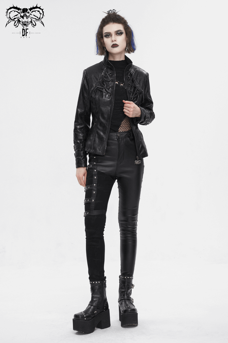 Edgy gothic punk jacket with double buckle and stand collar, paired with sleek black pants.