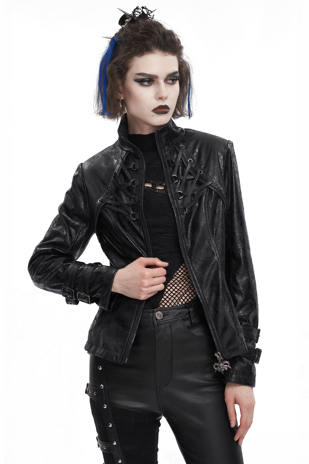 Edgy women's gothic punk jacket with double buckles, stand collar, and zipper, perfect for a fearless fashion statement.