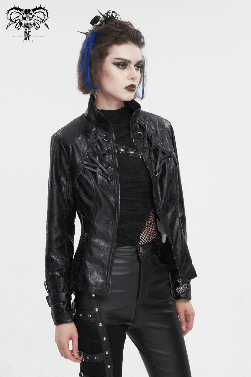 Gothic punk jacket with double buckle, stand collar, and edgy style worn by a model in a fierce look.