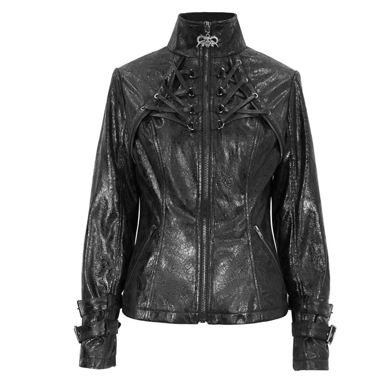 Gothic punk women's jacket with double buckles and stand collar, perfect for edgy fashion enthusiasts.