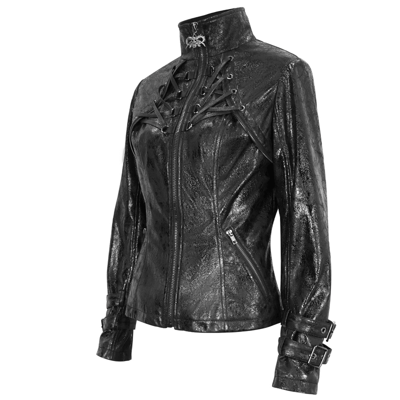 Gothic punk women's jacket with stand collar, zipper front, and double buckles, perfect for edgy fashion statements.