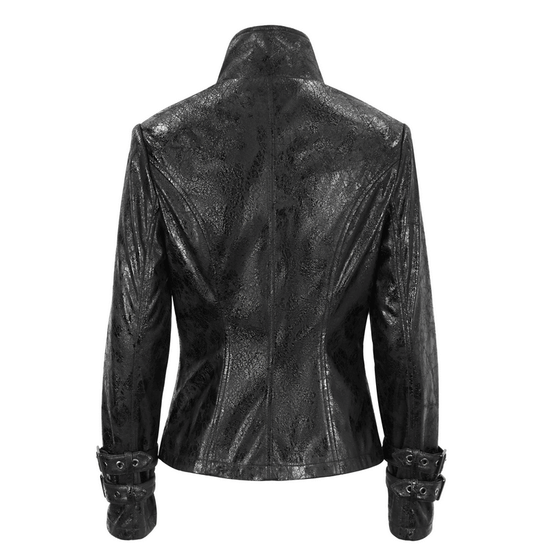 Back view of gothic punk jacket with stand collar and double buckle sleeves, showcasing edgy, rebellious style.