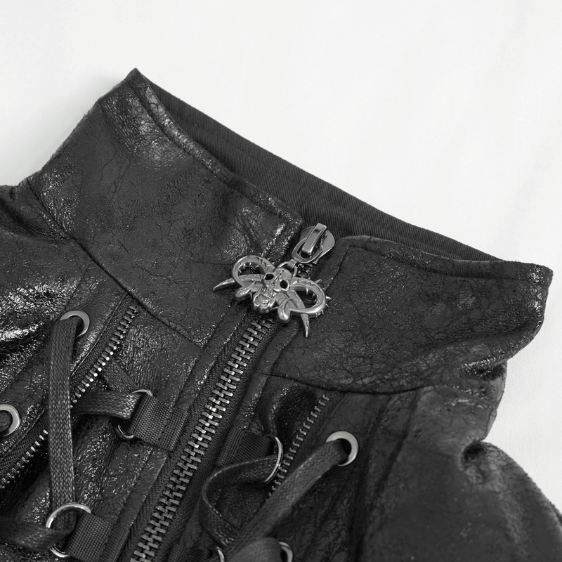 Close-up of gothic punk jacket collar with skull zipper detail and lace-up design, showcasing edgy fashion.