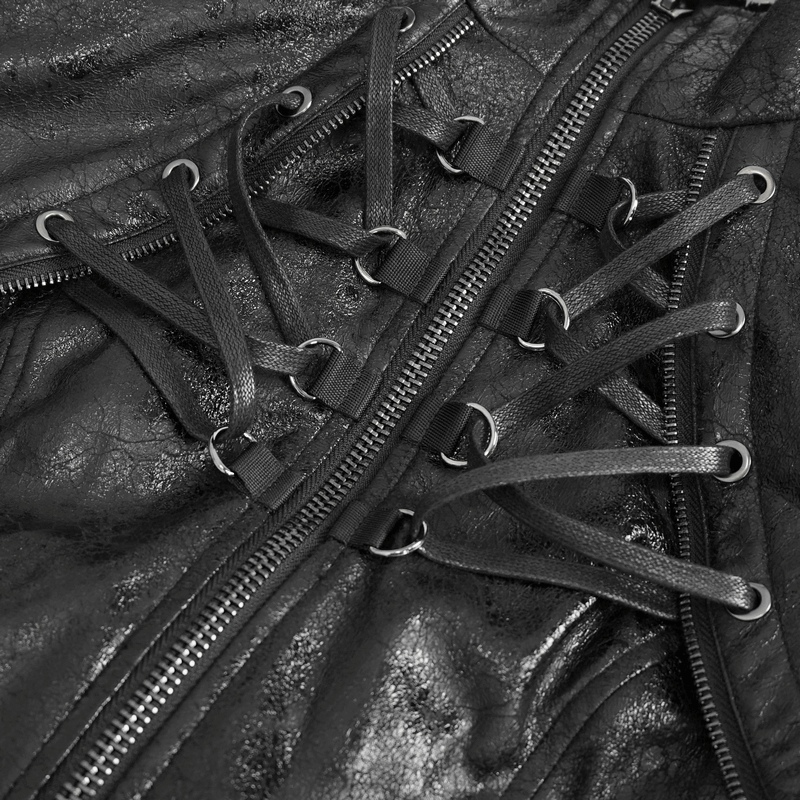 Close-up of gothic punk jacket's textured fabric and double buckle detailing for edgy style.