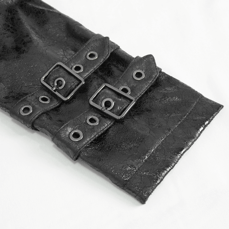 Close-up of black gothic punk jacket sleeve featuring double buckles and eyelets for an edgy look.