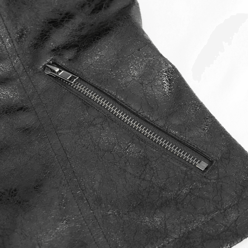 Close-up of the zipper detail on a gothic punk women's jacket, showcasing edgy black faux leather texture.
