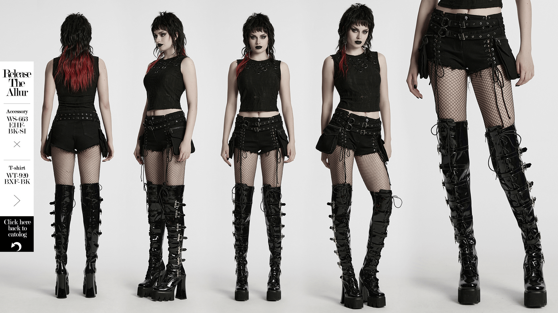 Gothic punk model showcasing lace-up black denim shorts with double belt detail and knee-high platform boots.