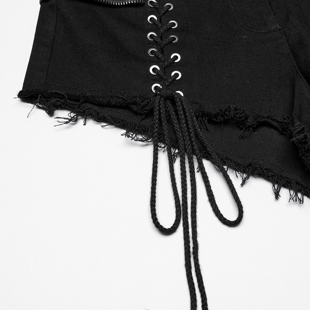 Gothic punk lace-up black denim shorts featuring edgy drawstring accents and distressed hem detail.