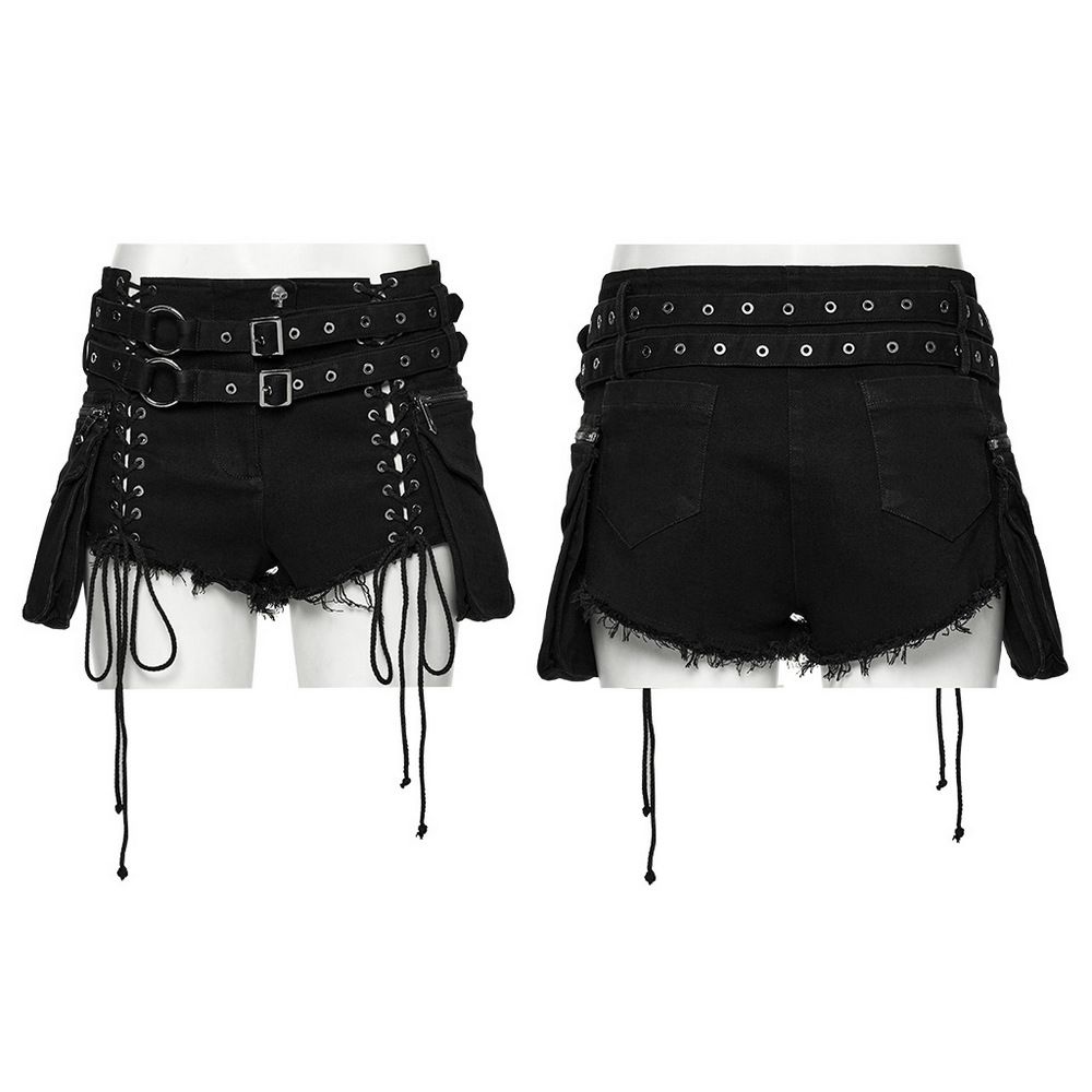 Gothic punk lace-up black denim shorts with detachable pockets and double belt detail, perfect for alternative fashion.
