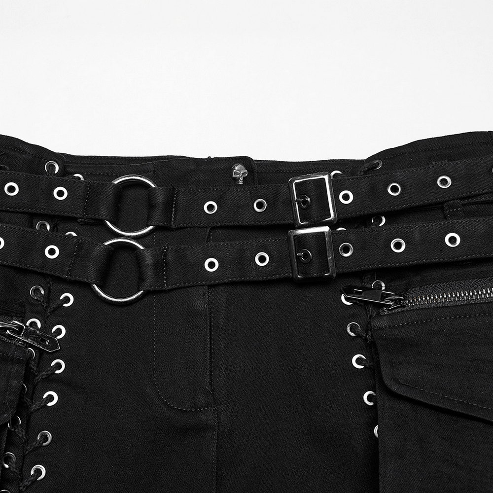 Close-up of gothic punk lace-up shorts with double belt detail and detachable pockets, showcasing edgy street style.