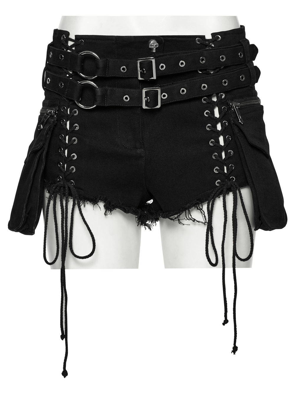 Gothic punk lace-up black denim shorts with double belt detail and detachable pockets, perfect for edgy festival looks.