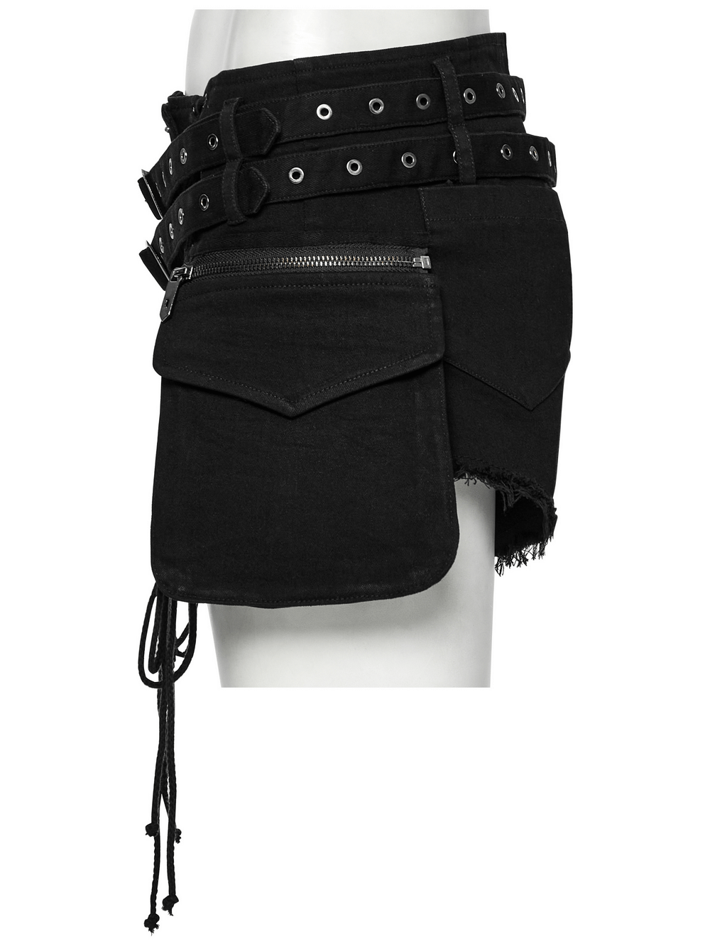 Gothic punk lace-up black denim shorts with double belt detail and detachable pockets for edgy festival style.