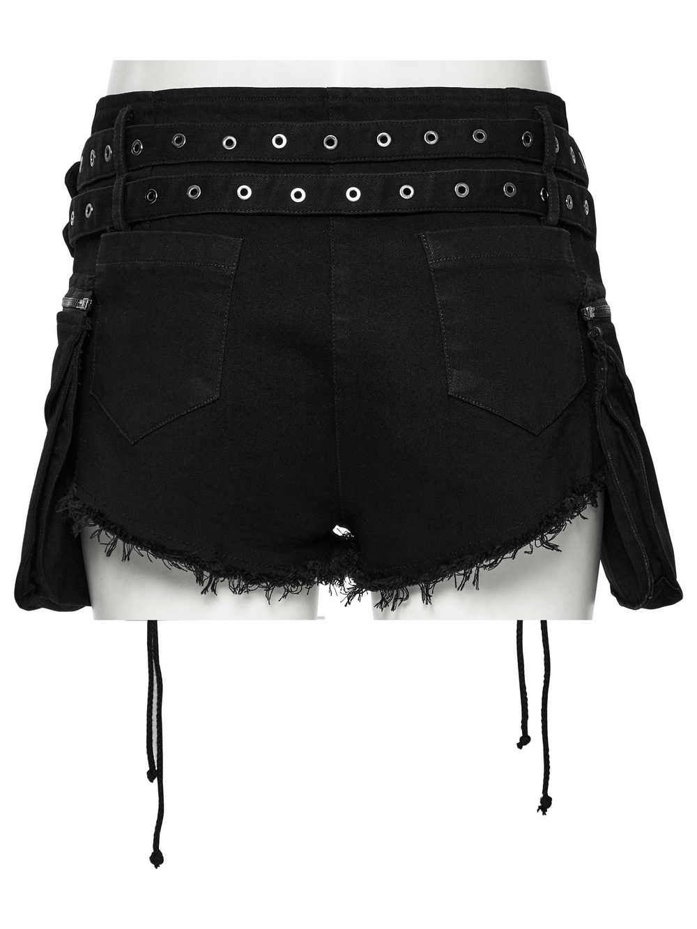 Gothic punk black denim shorts with double belt loops and detachable pockets, showcasing edgy lace-up details.