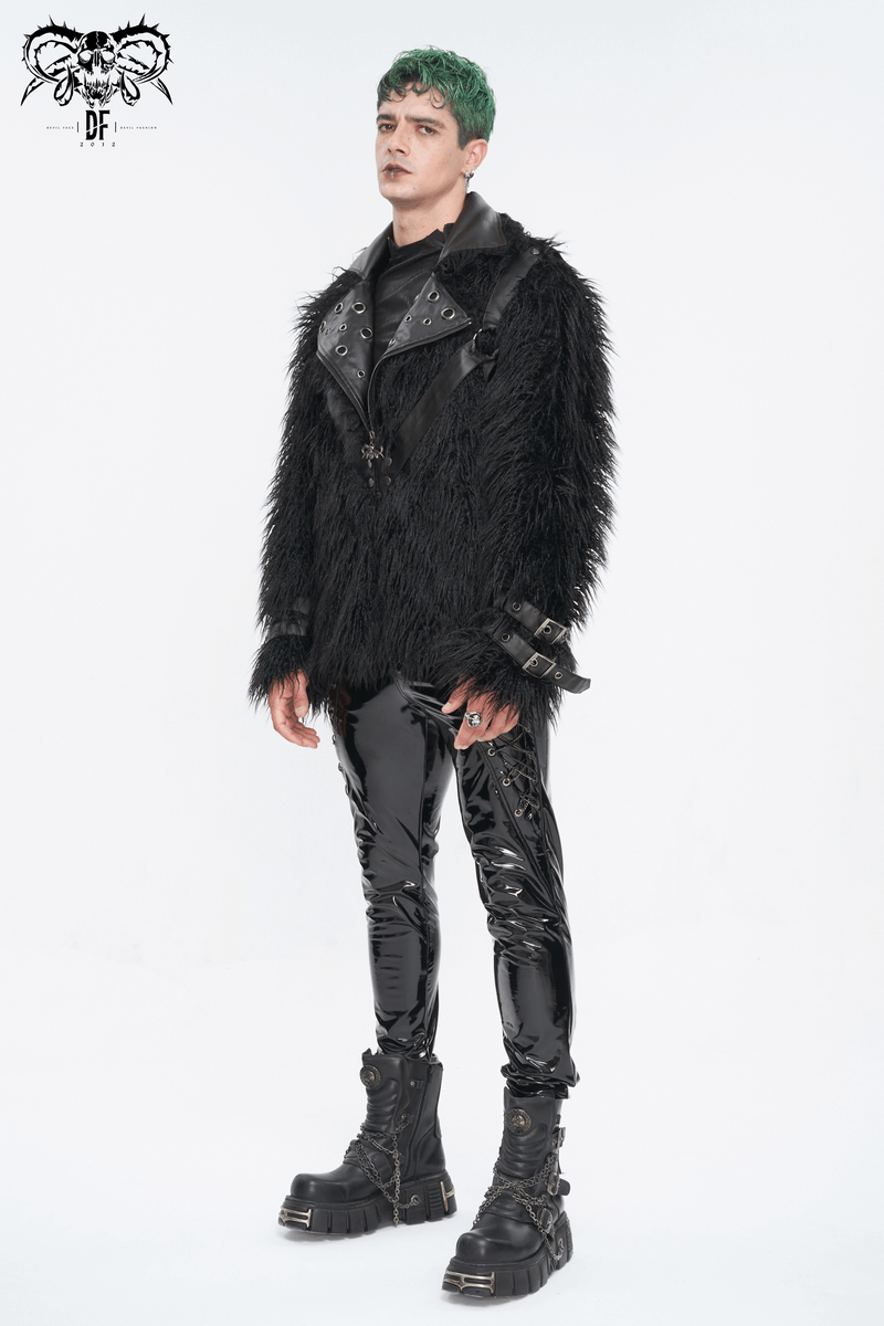 Men's gothic punk faux fur jacket with lapel collar and eyelets, paired with shiny black pants for a bold look.