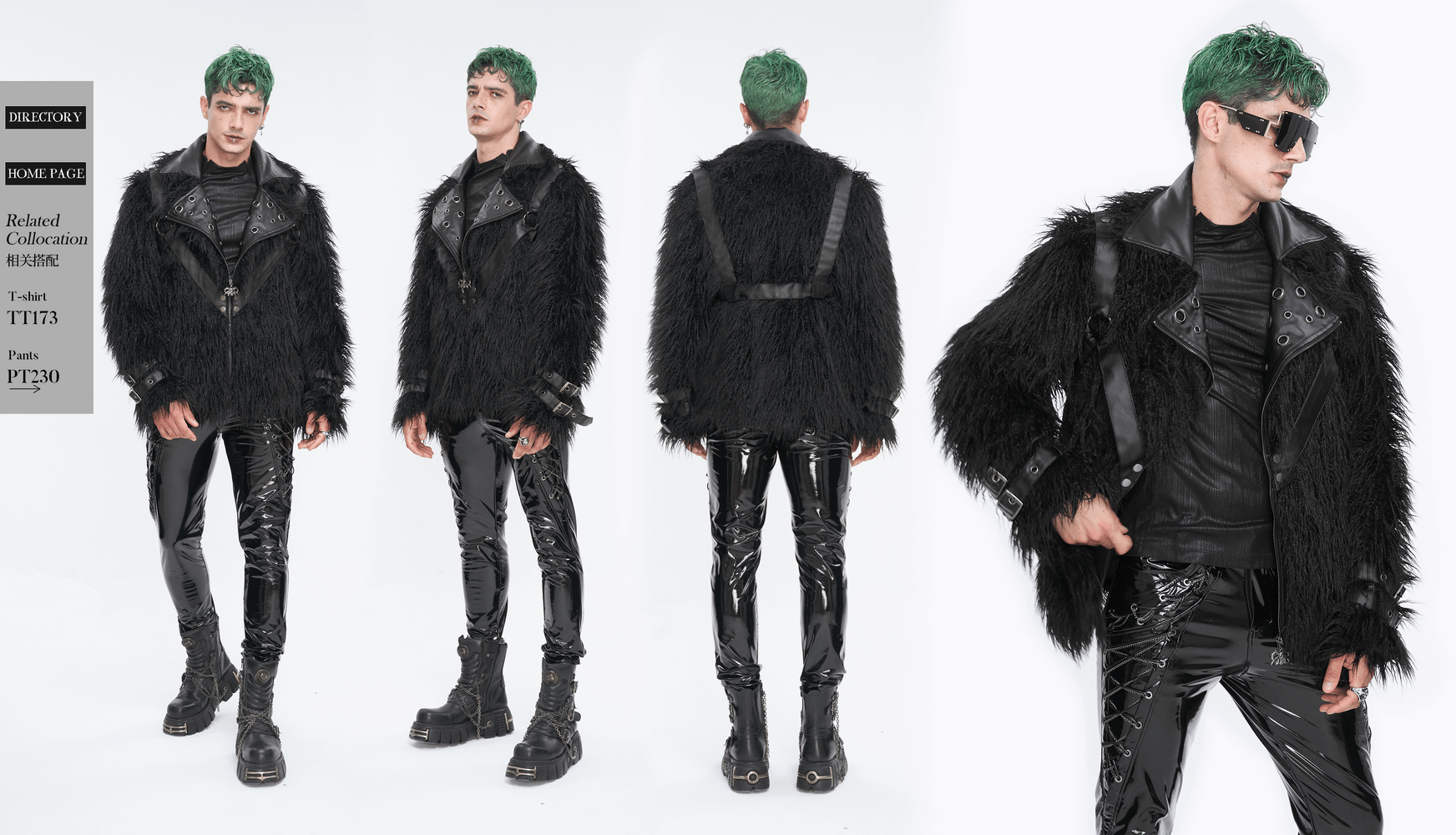 Men's gothic punk faux fur jacket with eyelets, edgy lapel collar, perfect for daring fashion statements.