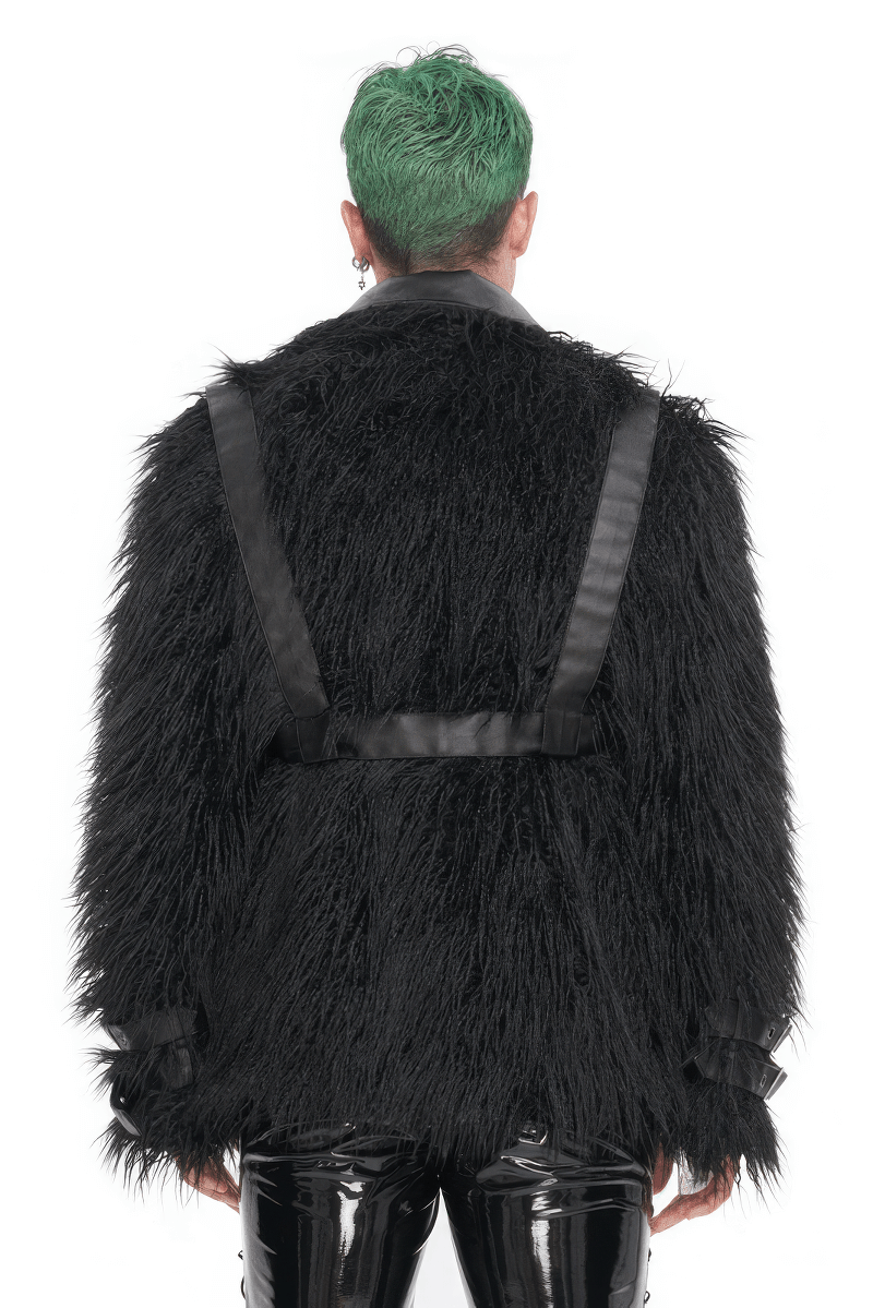 Back view of men's gothic punk faux fur jacket with eyelets, featuring a lapel collar and edgy straps.