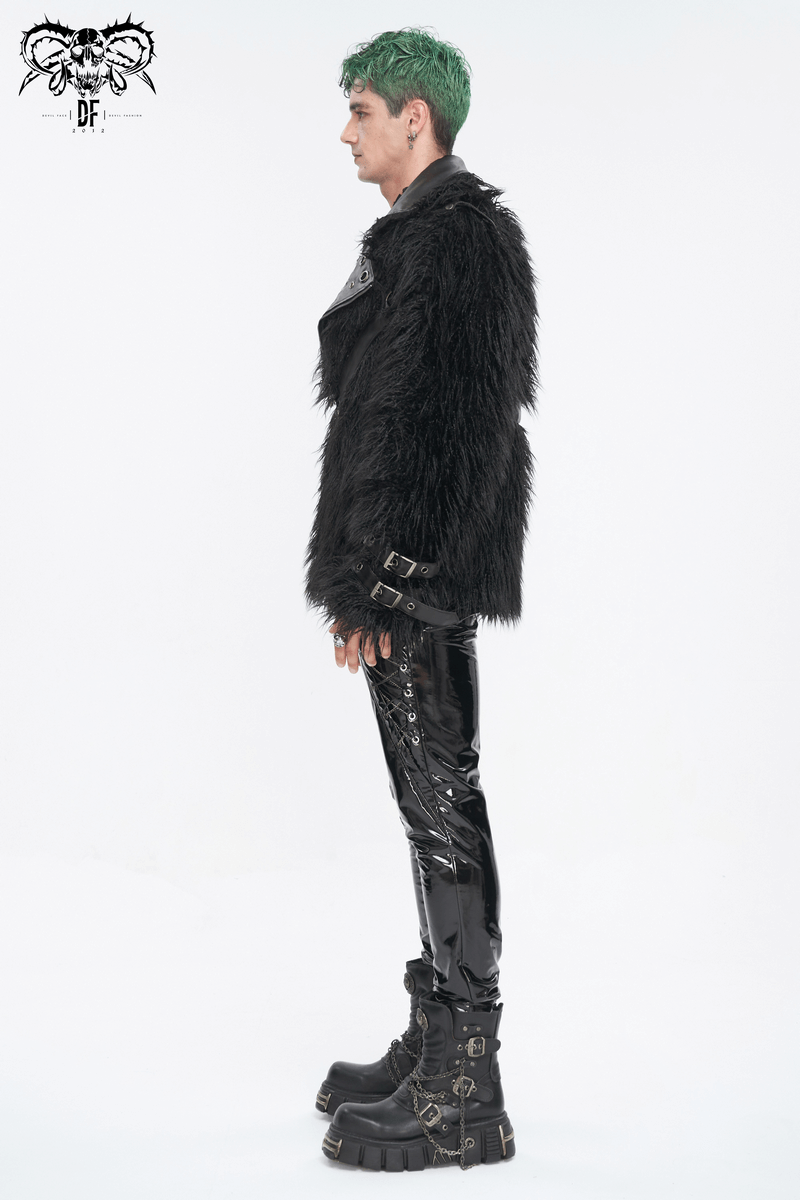 Side view of a man in a Gothic punk faux fur jacket, shiny black pants, and chunky boots, showcasing edgy fashion.