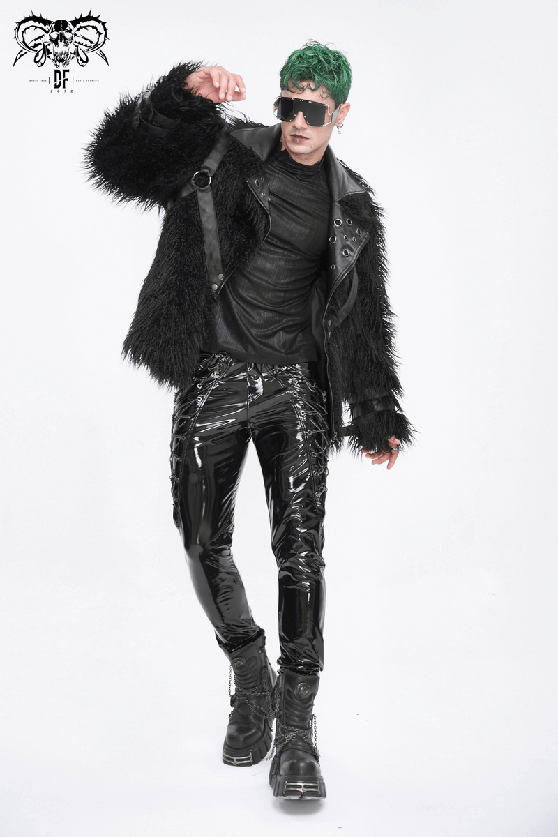 Men's Gothic Punk look with faux fur jacket, eyelets, and edgy fashion style.