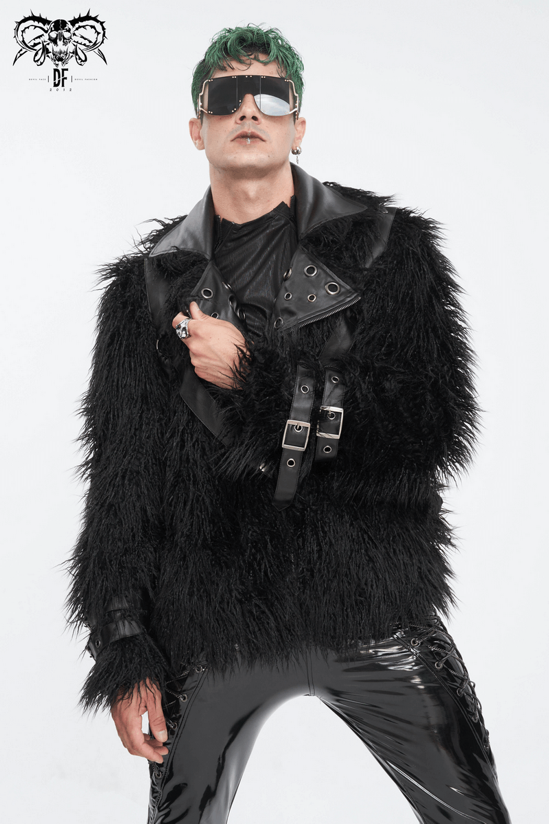 Men's gothic punk faux fur jacket with lapel collar and eyelets, perfect for edgy style enthusiasts.
