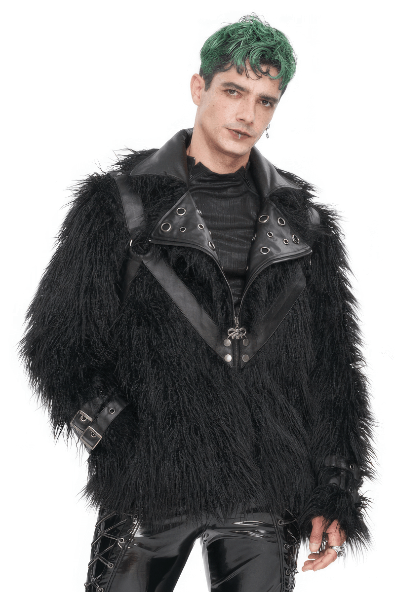 Men's Gothic Punk lapel collar faux fur jacket with eyelets, stylish and edgy, perfect for bold fashion lovers.