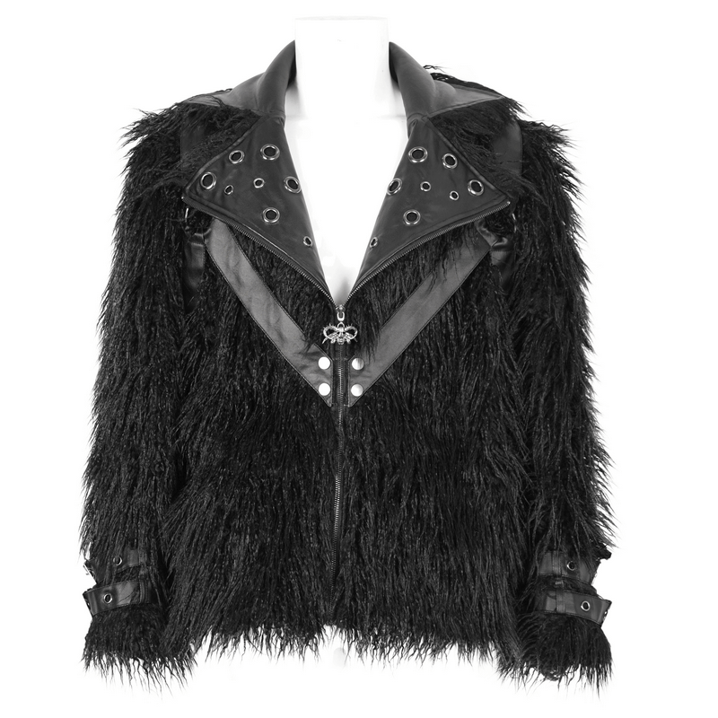 Gothic punk faux fur jacket with lapel collar and eyelets, perfect for a bold, edgy fashion statement.