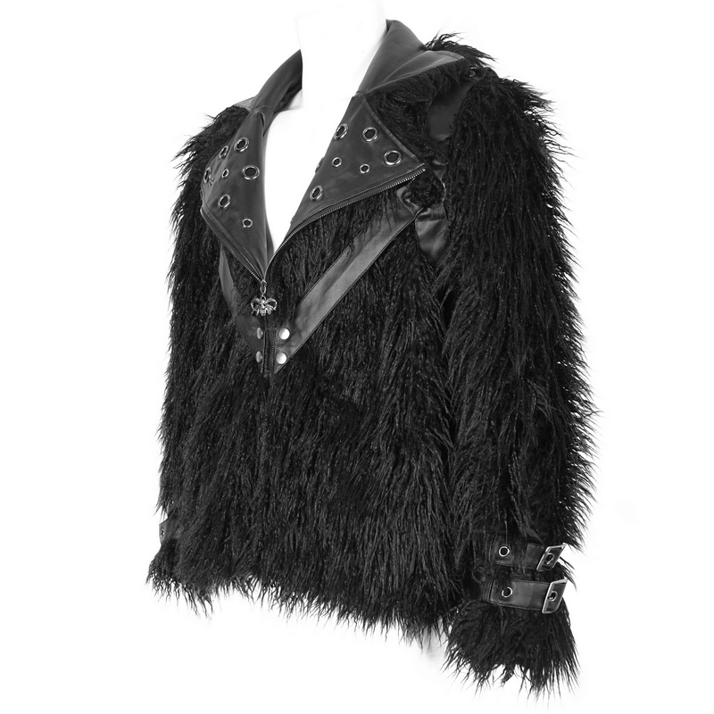 Gothic Punk Lapel Collar Faux Fur Jacket With Eyelets - HARD'N'HEAVY