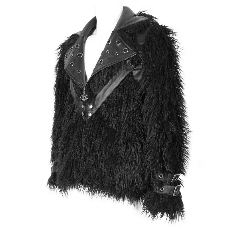 Gothic punk faux fur jacket with lapel collar and eyelets, perfect for edgy style and bold fashion statements.