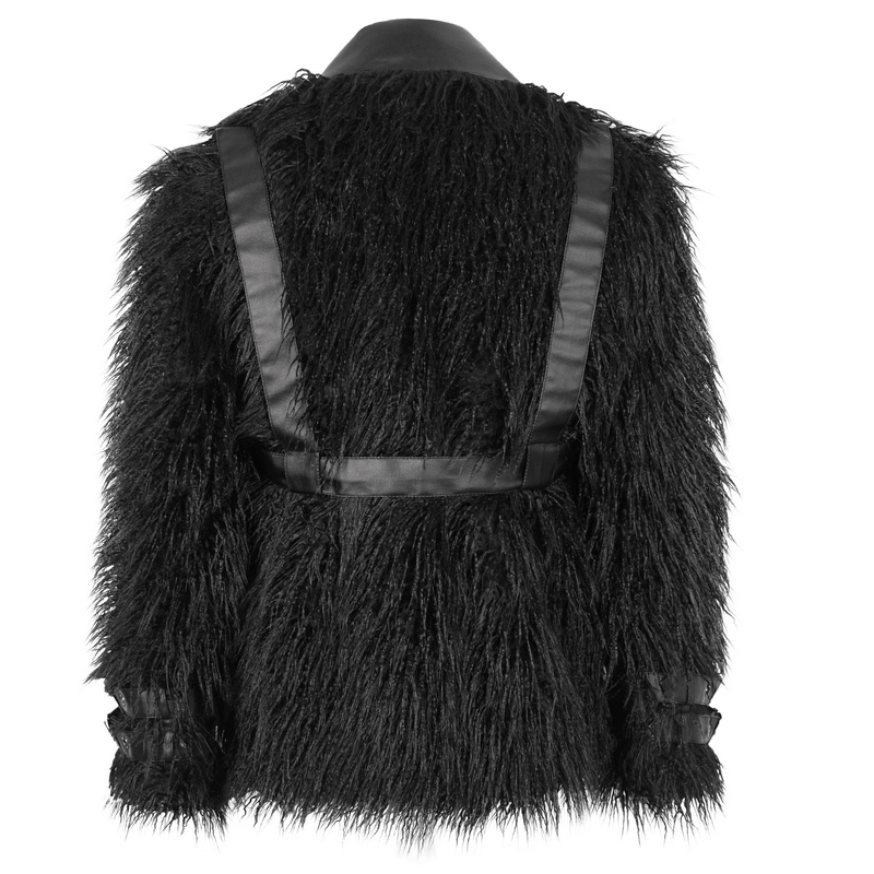 Back view of a Gothic punk faux fur jacket with lapel collar and eyelets, showcasing its edgy, luxurious design.
