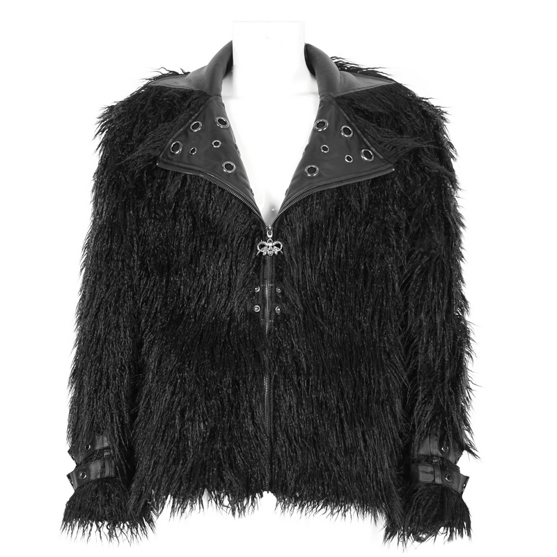 Gothic punk faux fur jacket with eyelets and lapel collar, adding edgy style for a bold statement.