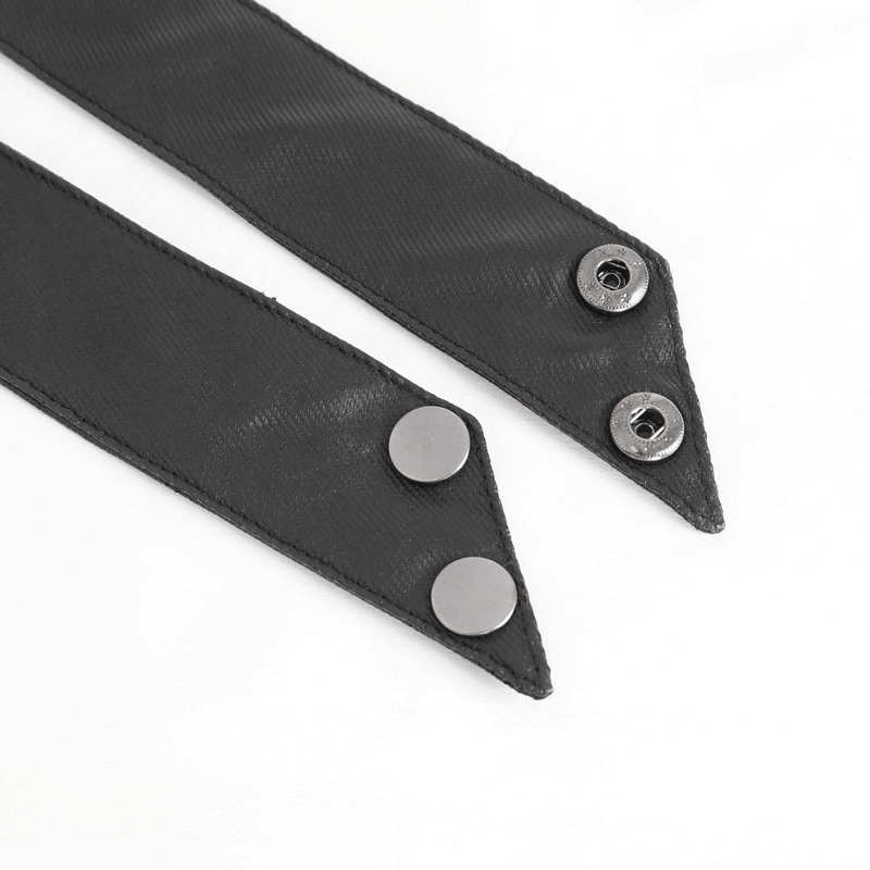 Close-up of the lapel collar featuring metallic eyelets and snap buttons for a gothic punk jacket.