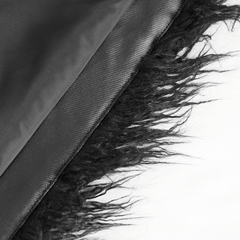 Close-up of the plush faux fur edges on a gothic punk lapel collar jacket, showcasing luxe texture and edgy style.