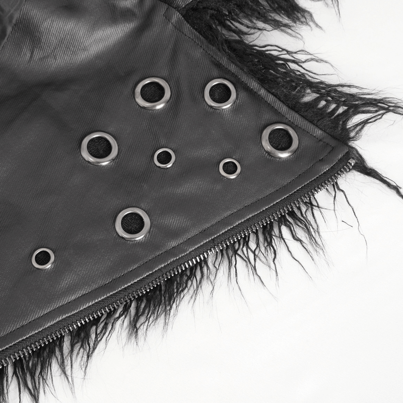 Close-up of men's Gothic punk faux fur jacket featuring eyelets and edgy lapel collar detail.