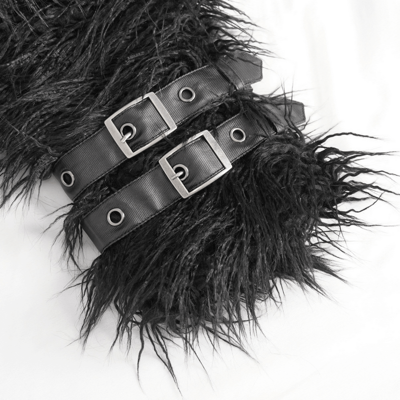 Close-up of Gothic punk faux fur jacket featuring black straps with eyelets and buckles.