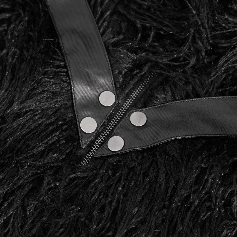 Close-up of the zipper and buttons on a men's gothic punk faux fur jacket, showcasing edgy details.
