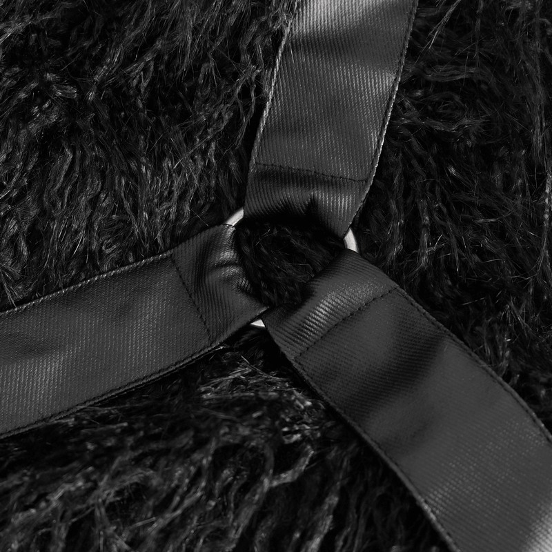 Close-up of black faux fur and satin straps on Gothic Punk jacket, showcasing edgy details and luxurious texture.