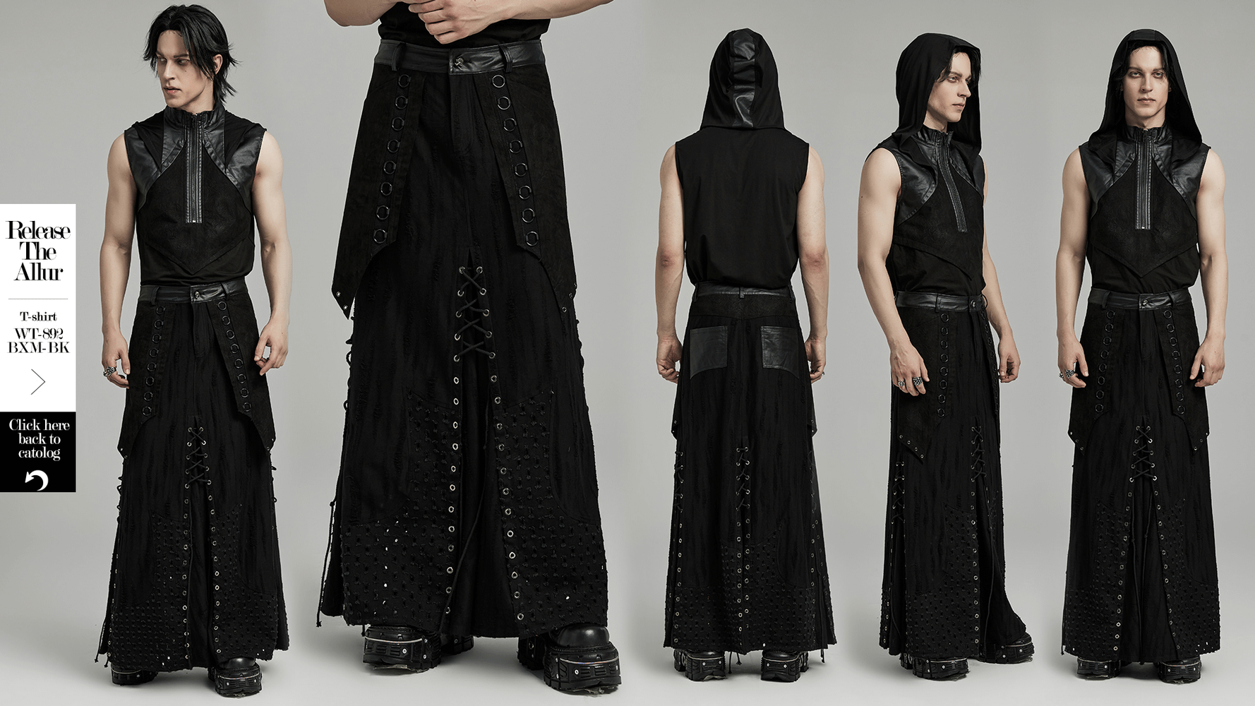 Gothic punk layered skirt with metallic accents worn by model, highlighting edgy design and textured fabric.