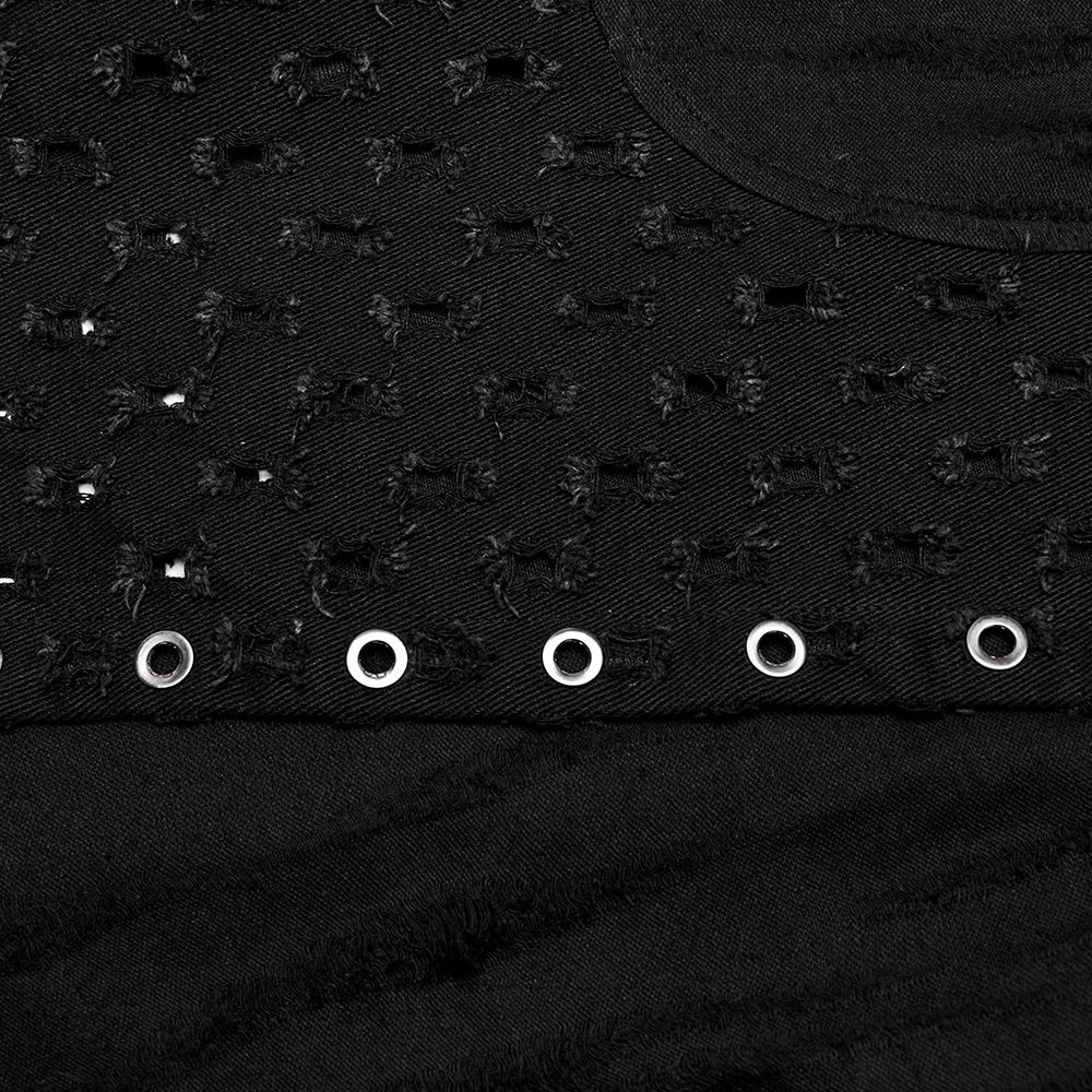 Close-up of a black Gothic Punk Layered Skirt showcasing textured knit and silver metallic accents.