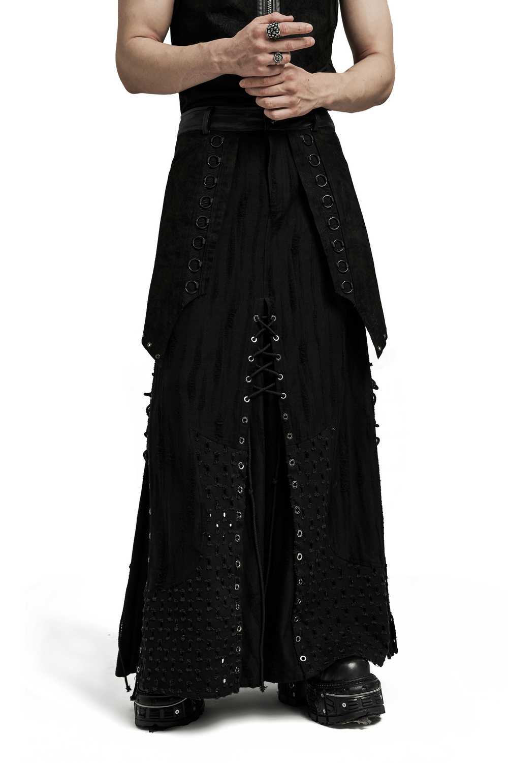 Edgy Gothic Punk Layered Skirt with metallic accents and lace-up details, perfect for rebellious style.