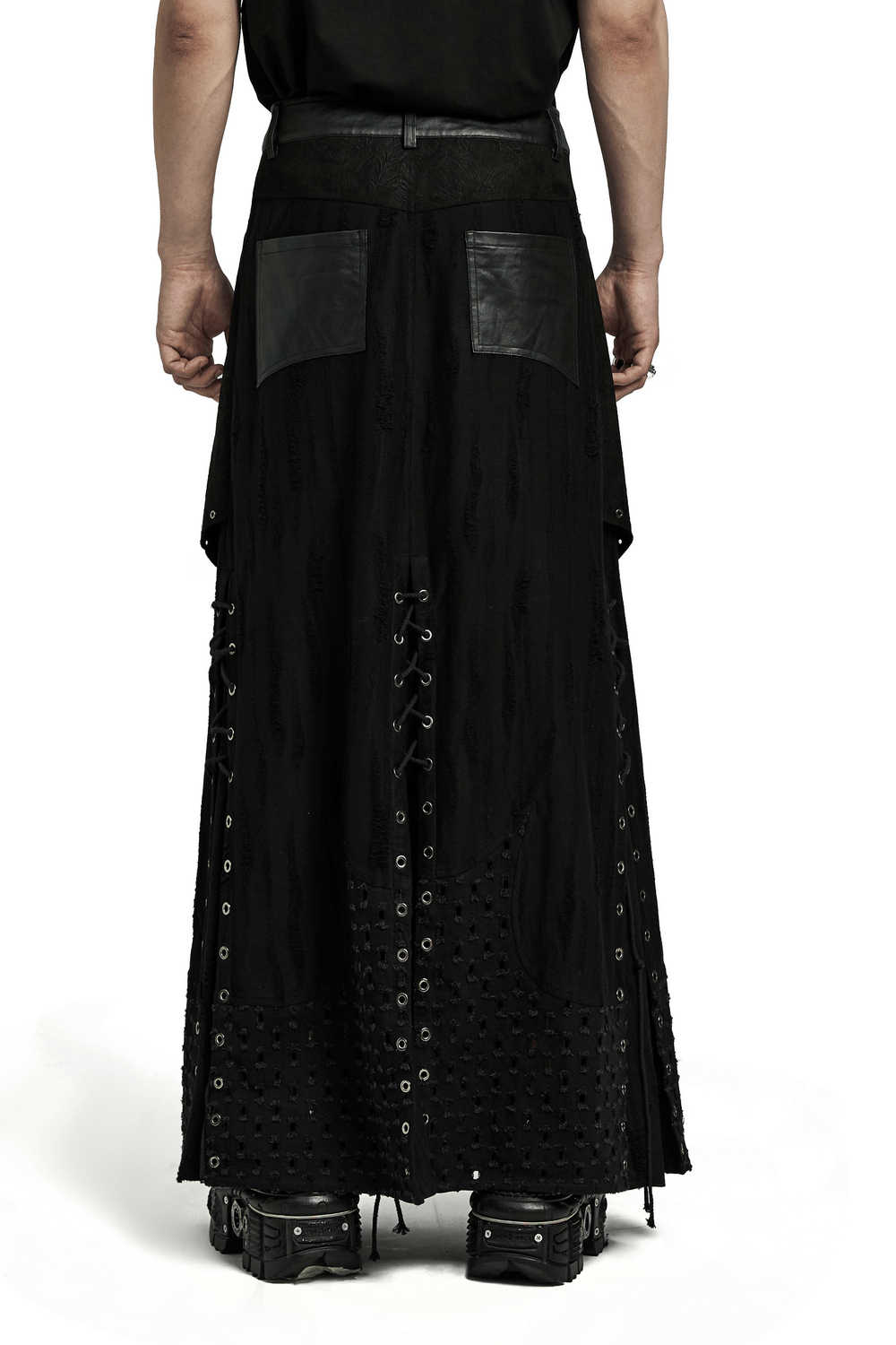 Back view of Gothic Punk Layered Skirt with metallic accents and textured fabric for men, perfect for edgy fashion.