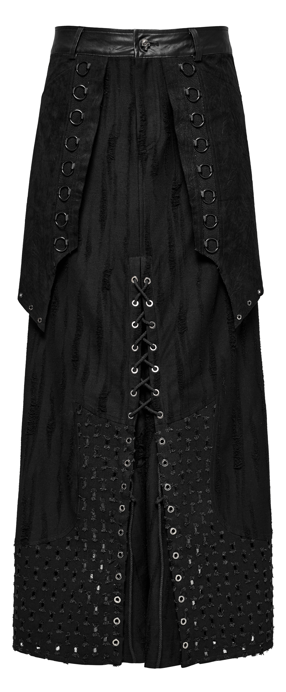 Gothic punk layered skirt with metallic accents and textured fabric for a bold, edgy look.